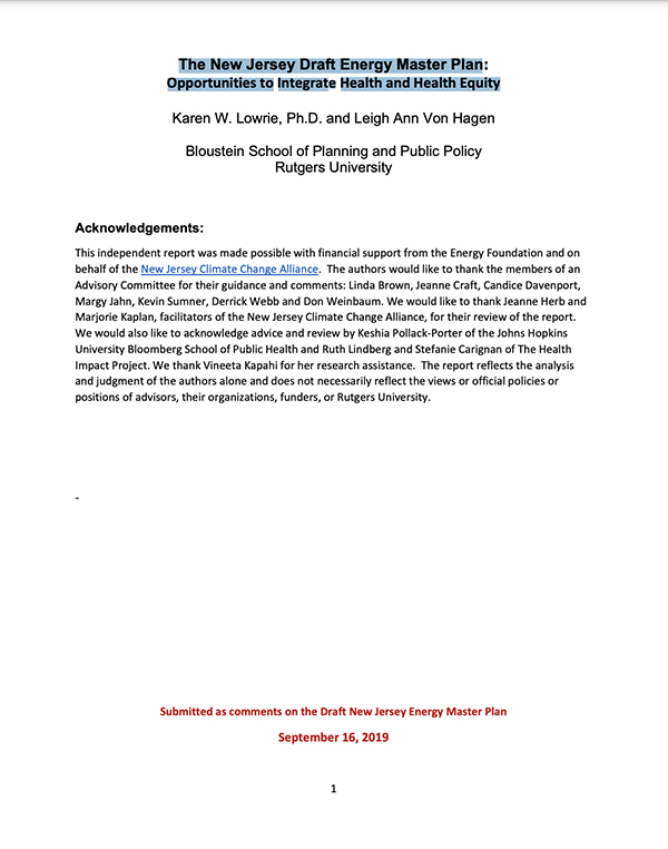 The New Jersey Draft Energy Master Plan: Opportunities to Integrate Health and Health Equity