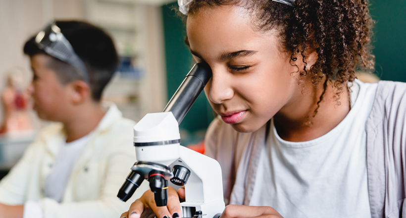 Schoolchildren use microscope