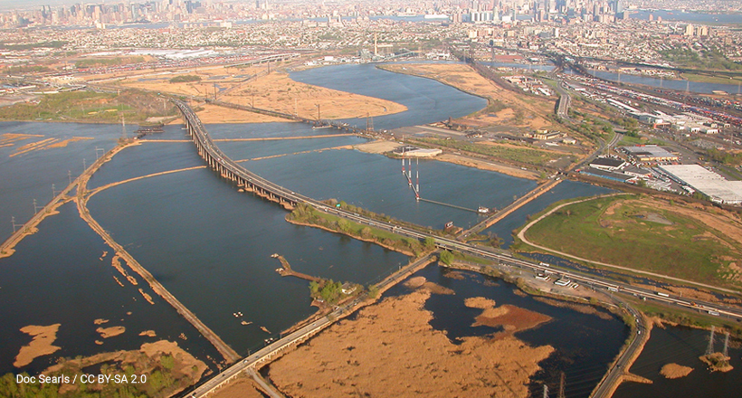 New Jersey Meadowlands looking northeast over Hackensack River to Hudson County and Manhattan