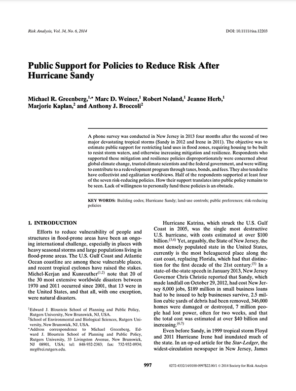 Public Support for Policies to Reduce Risk After Hurricane Sandy