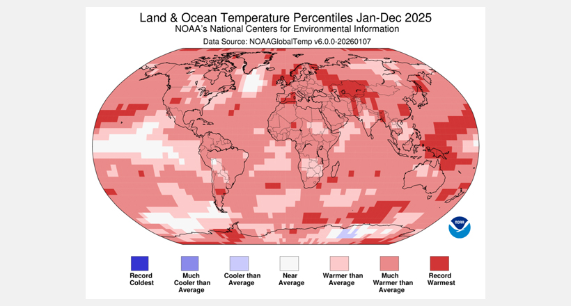 Land and Ocean Temperature Percentile 2025