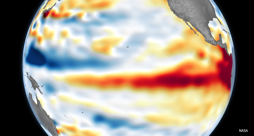 A global view of the South Pacific Ocean showing a red area around the Equator indicating higher-than-normal sea surfaces on June 8, 2026, a few days before El Niño was declared.